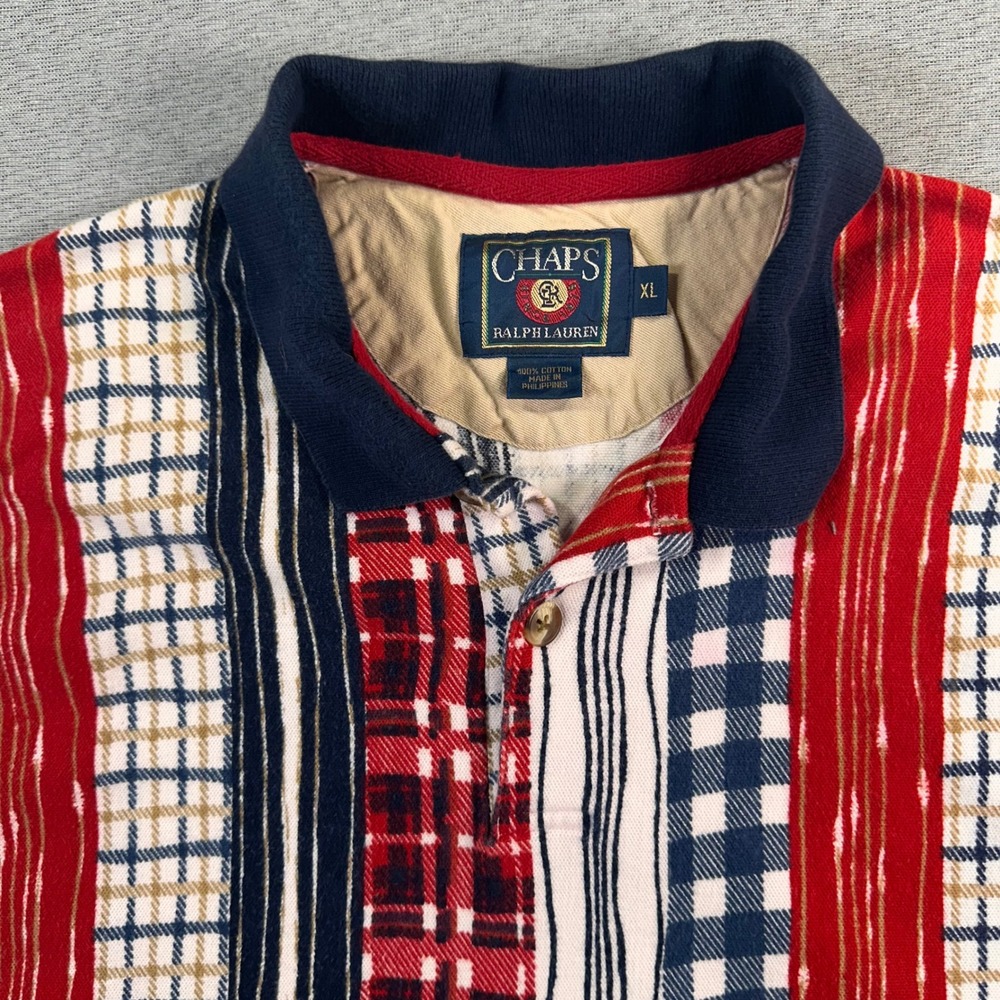 VTG Chaps Ralph Lauren Polo Shirt Mens XL Abstract Stripe Short Sleeve Holiday